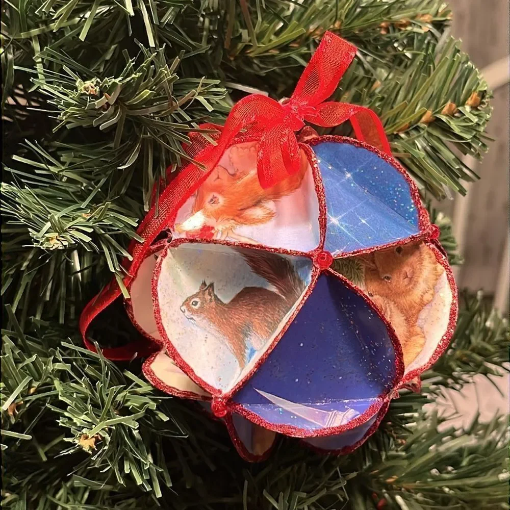 Recycled Christmas Cards Handmade Ornaments Set of two- Diameter 4”